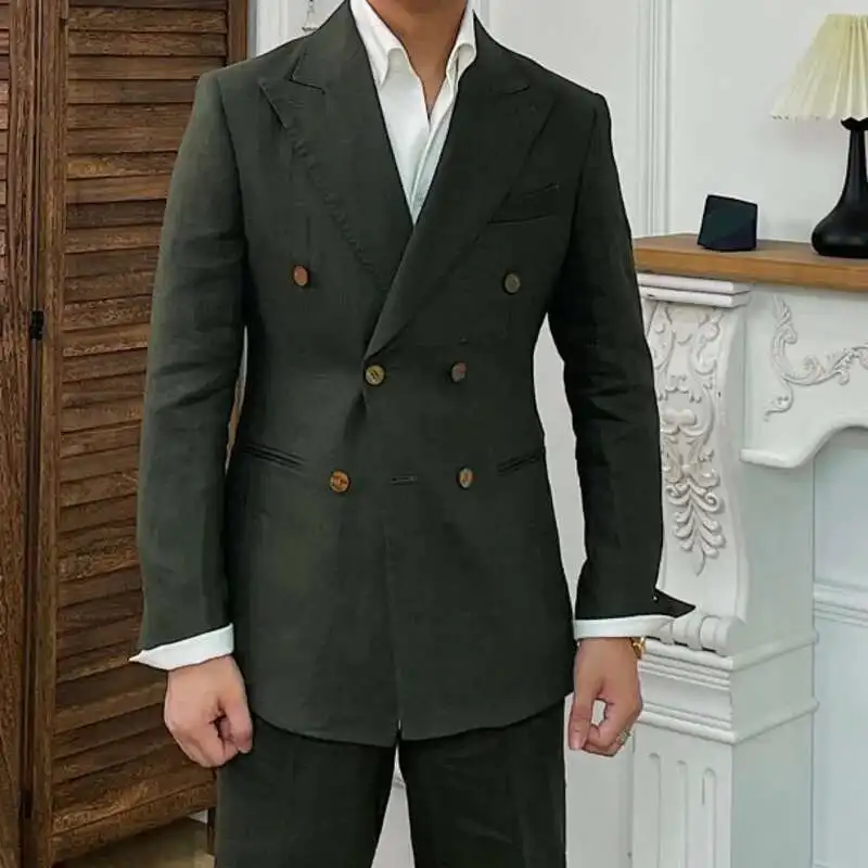 Luxury Linen Double Breasted Italian Suit For Men's Versatile Slim Fit Business Lapel Collar Retro Suit Green Brown 4 Colors