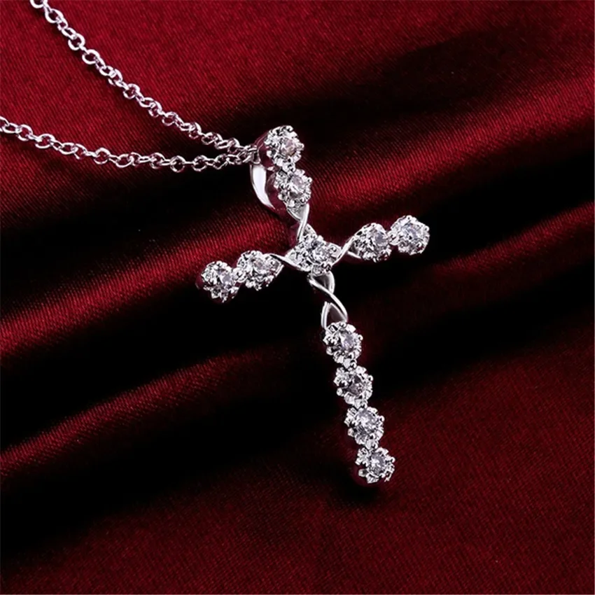 45cm 925 Sterling Silver Crystal Pendant Necklace Wedding Charms Women Fashion Jewelry Classic Cross Gift