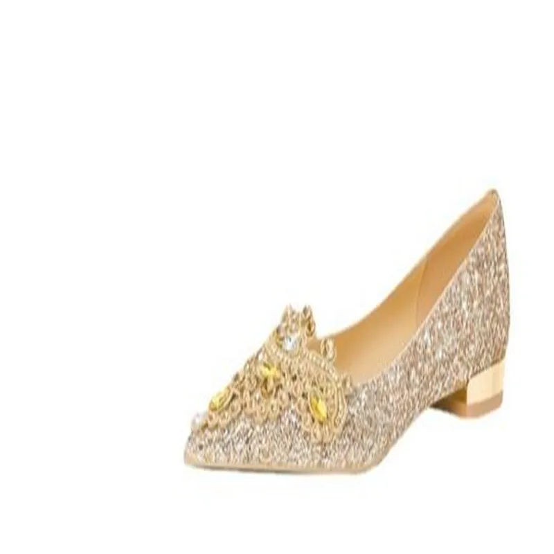 Women Shoes 2022 New Low-heeled Dress Banquet Crystal Sequins Wedding Shoes Gold Pointed Female Bride Shoes Zapatos De Mujer