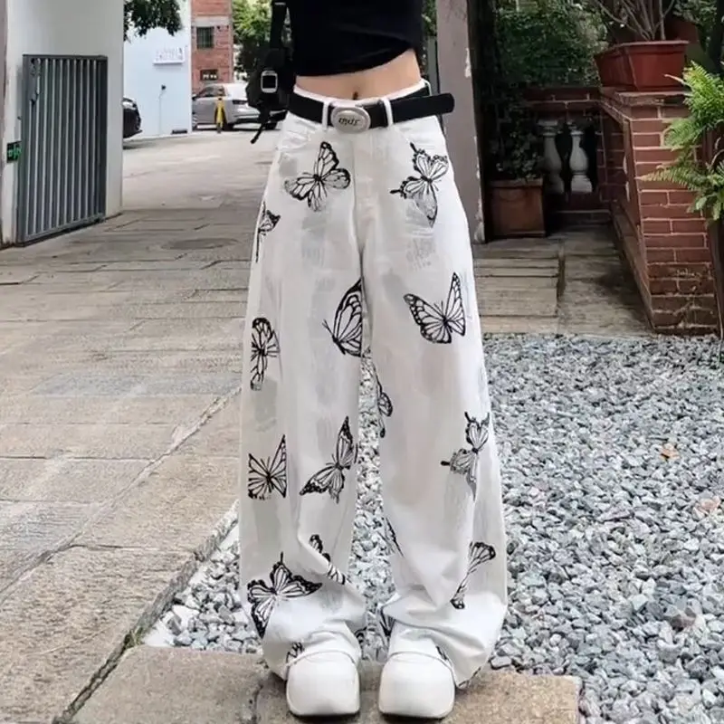 Jeans White Butterfly Print Pants Fashion Harajuku Denim Jeans Straight Ins Gothic 2024 Jeans Streetwear Mopping Pants