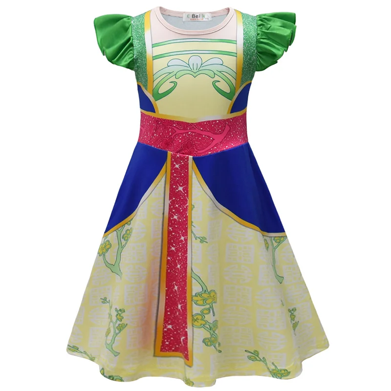 Fashion Mulan Princess Cosplay Dress Children Kids Flying Sleeve Party Dress Baby Girls Vestidos Costume Casual 2-9Y
