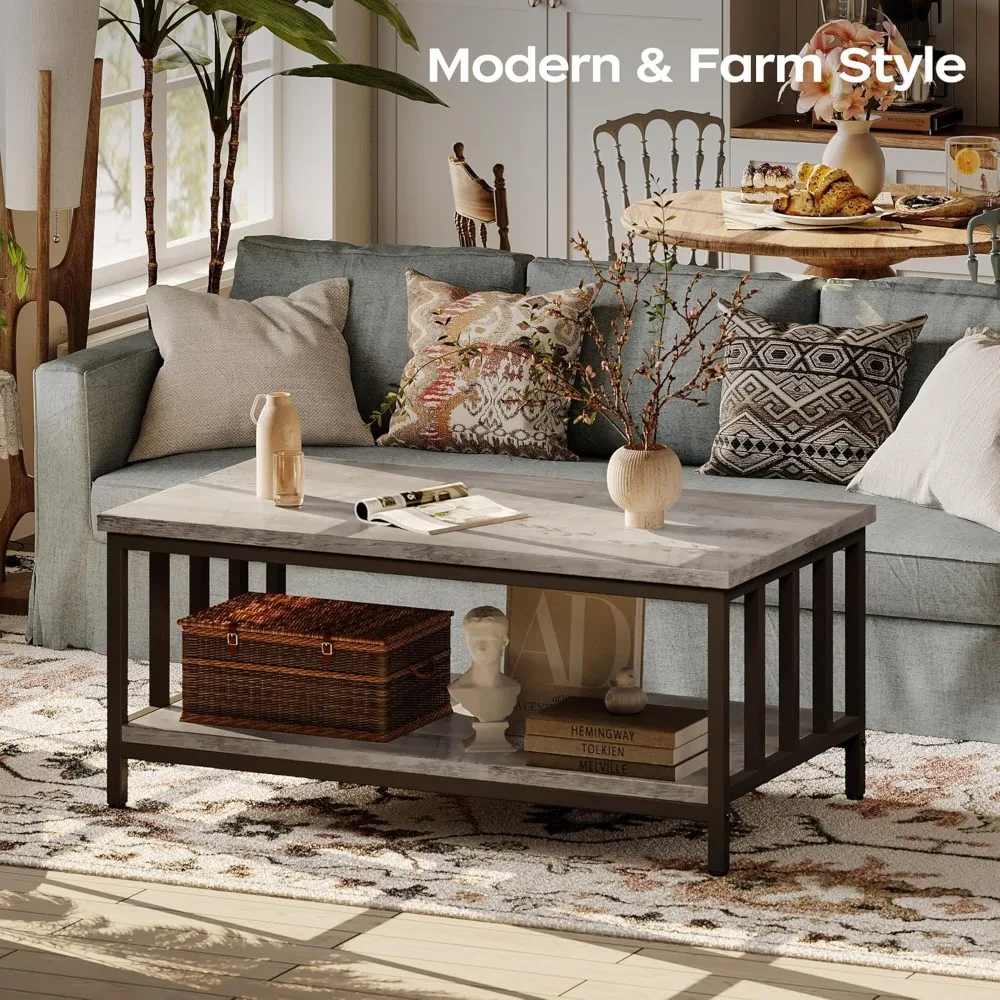 Coffee Table for Living Room with Slatted Sides Frame,Modern Farmhouse Table with 2-Tier Storage Shelf for Home Office 4