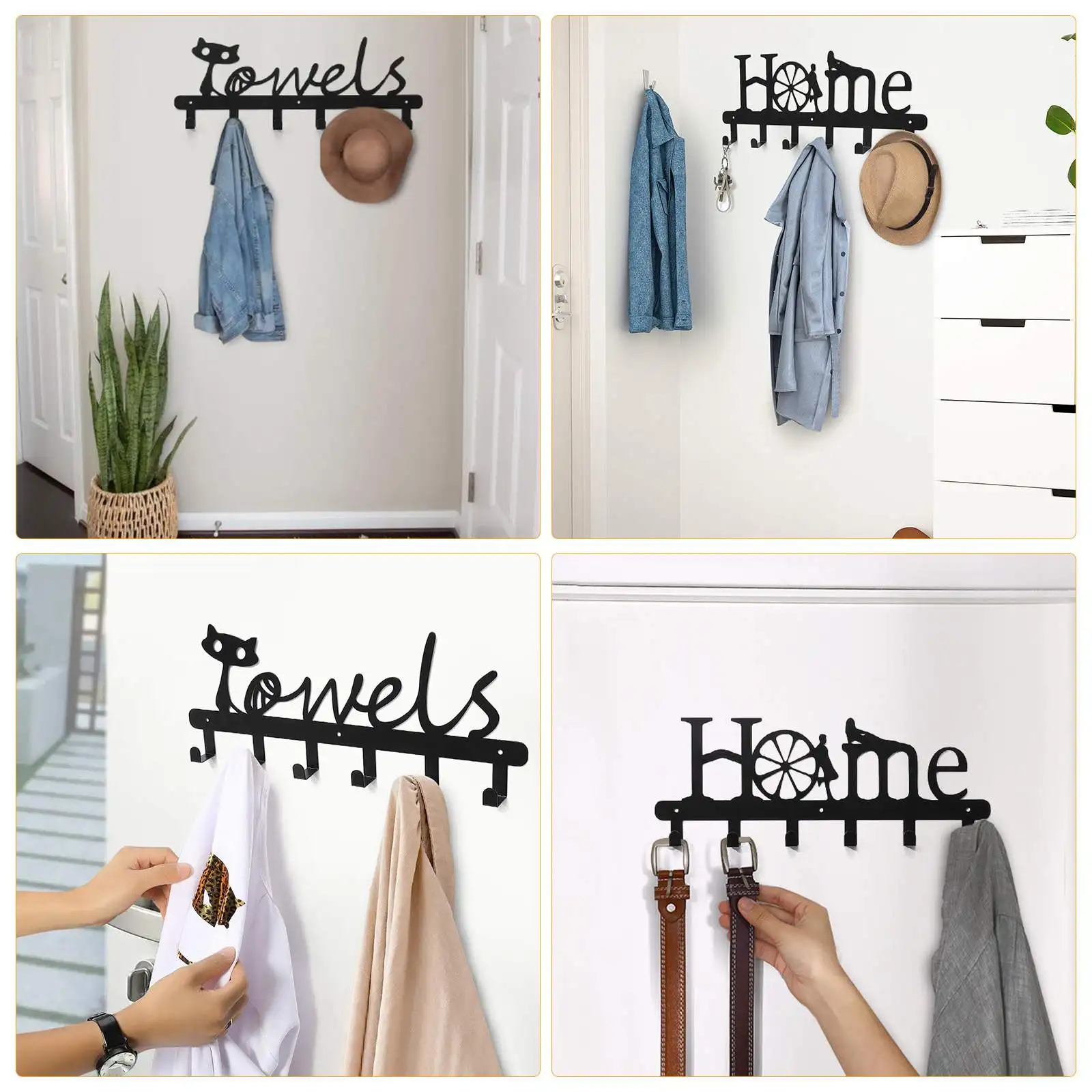 

2Pcs Home Black Metal Balcony Wall-mounted Clothes Rack Key Holder Kitchen Organizer Bathroom Rangement Hooks Hangers Storage