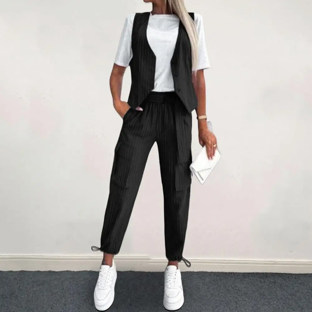 2 Pcs Women Vest Pants Set V Neck Waistcoat Striped Printed Drawstring Hem Ninth Trousers Formal Commute Office Top Pants Set