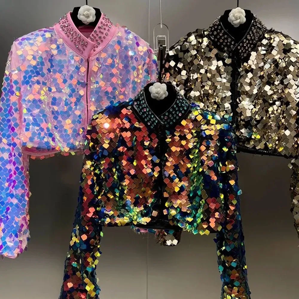 

Spring Autumn Diamonds Stand Neck Short Coat Ladies Fashion High Street Women's Sequins Jacket Personalized Long Sleeve Outwear