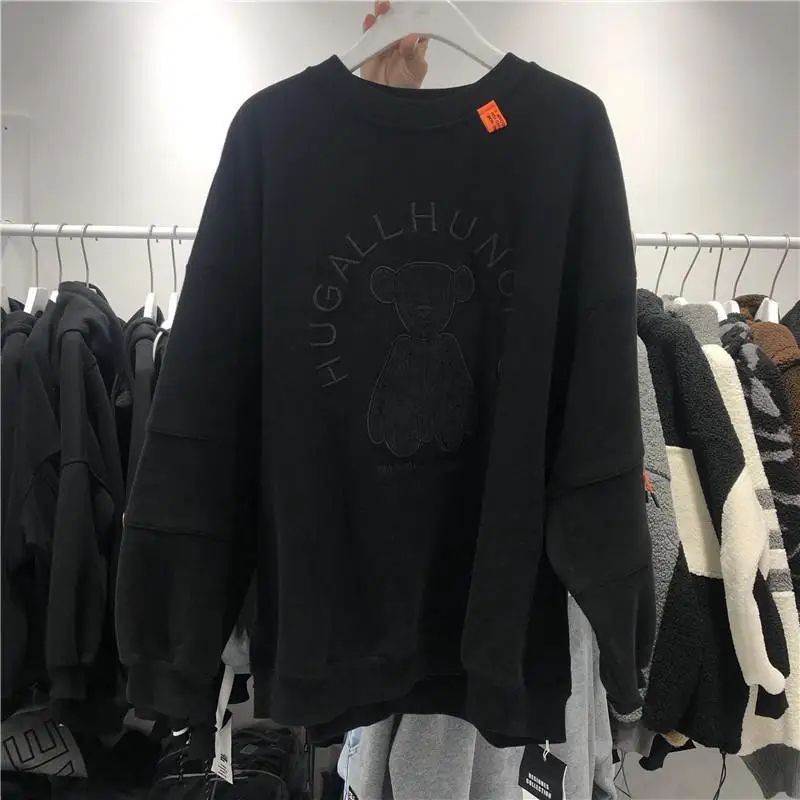 Hoodie Women Autumn Bear Printed Patchwork Designer Clothes Fleece Lined Loose Oversize Clothes Women Crewneck Top Pullover