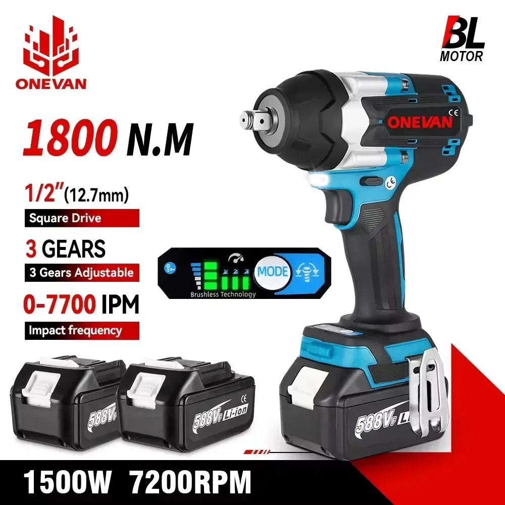 ONEVAN 1800N.M Torque Brushless Electric Impact Wrench 1/2 inch Screwdriver Cordless Wrench Power Tools For Makita 18V Battery