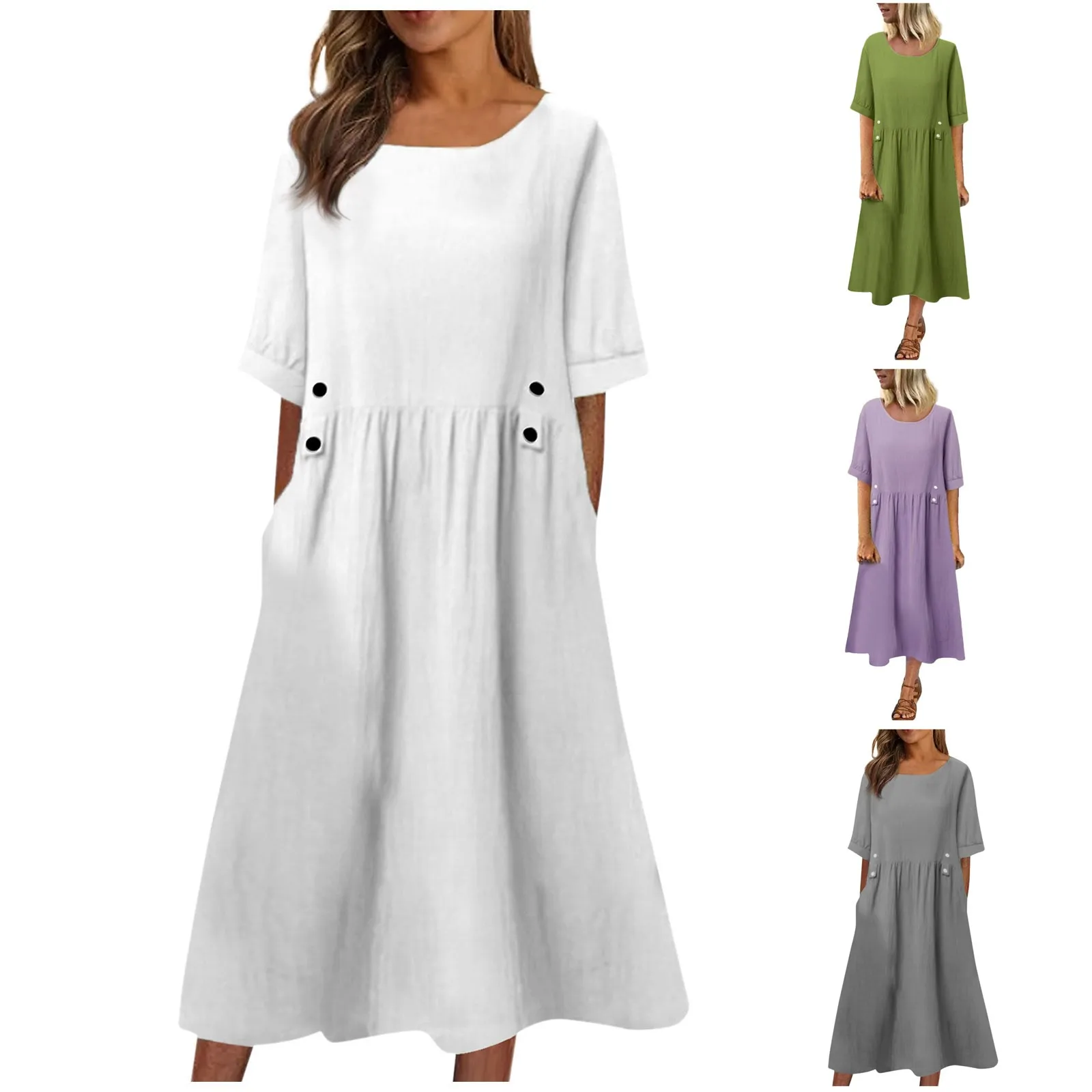 

Vintage Dress Women'S Solid Color Round Tunic Waisted Neck Loose Evening Pocket Mid Length Casual Plus Size Skirt Vestidos