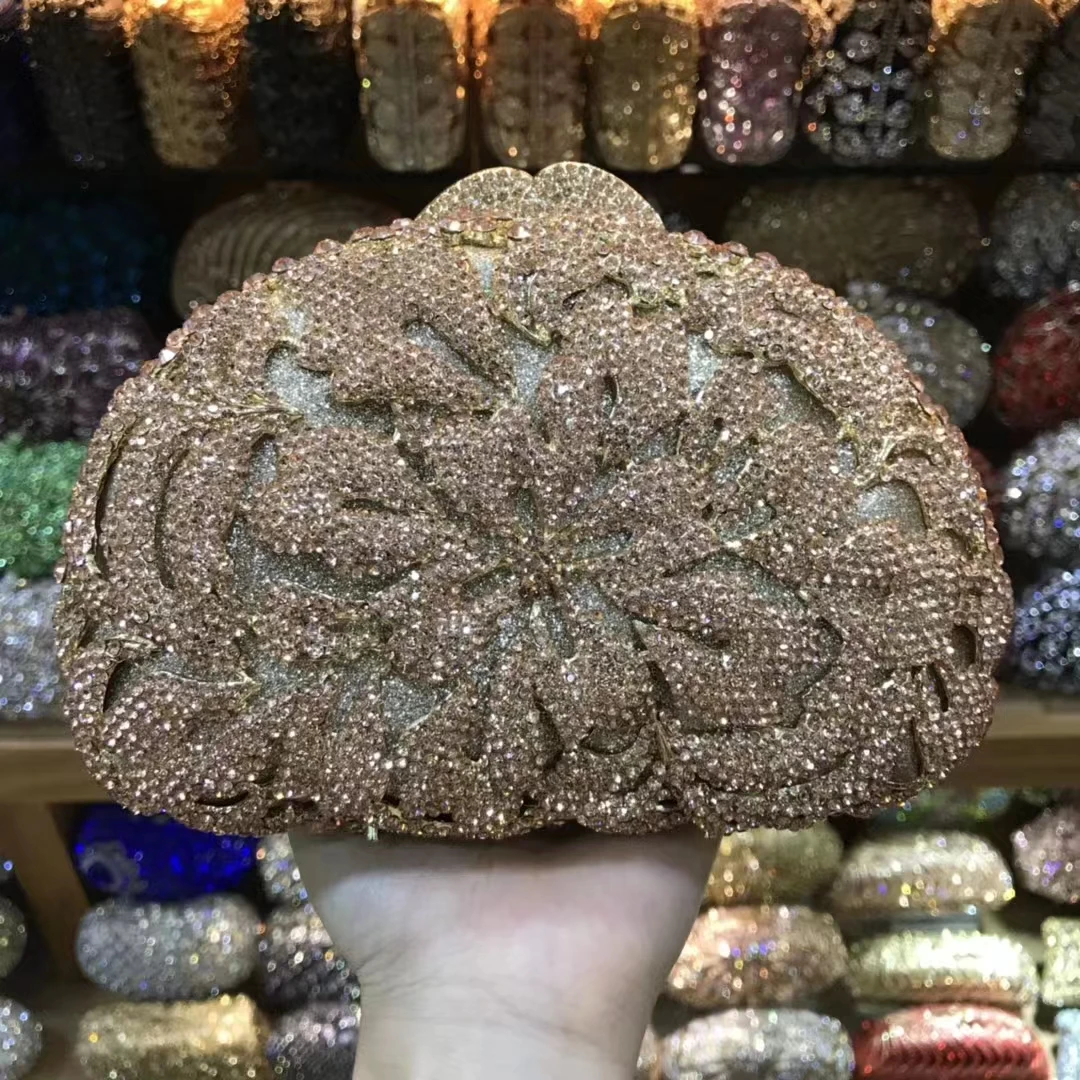 XIYUAN Women Rose Gold Stones Clutch Bags Lady Champagne Evening Bag Metal Minaudiere Rhinestone Clutches Wedding Party Purse