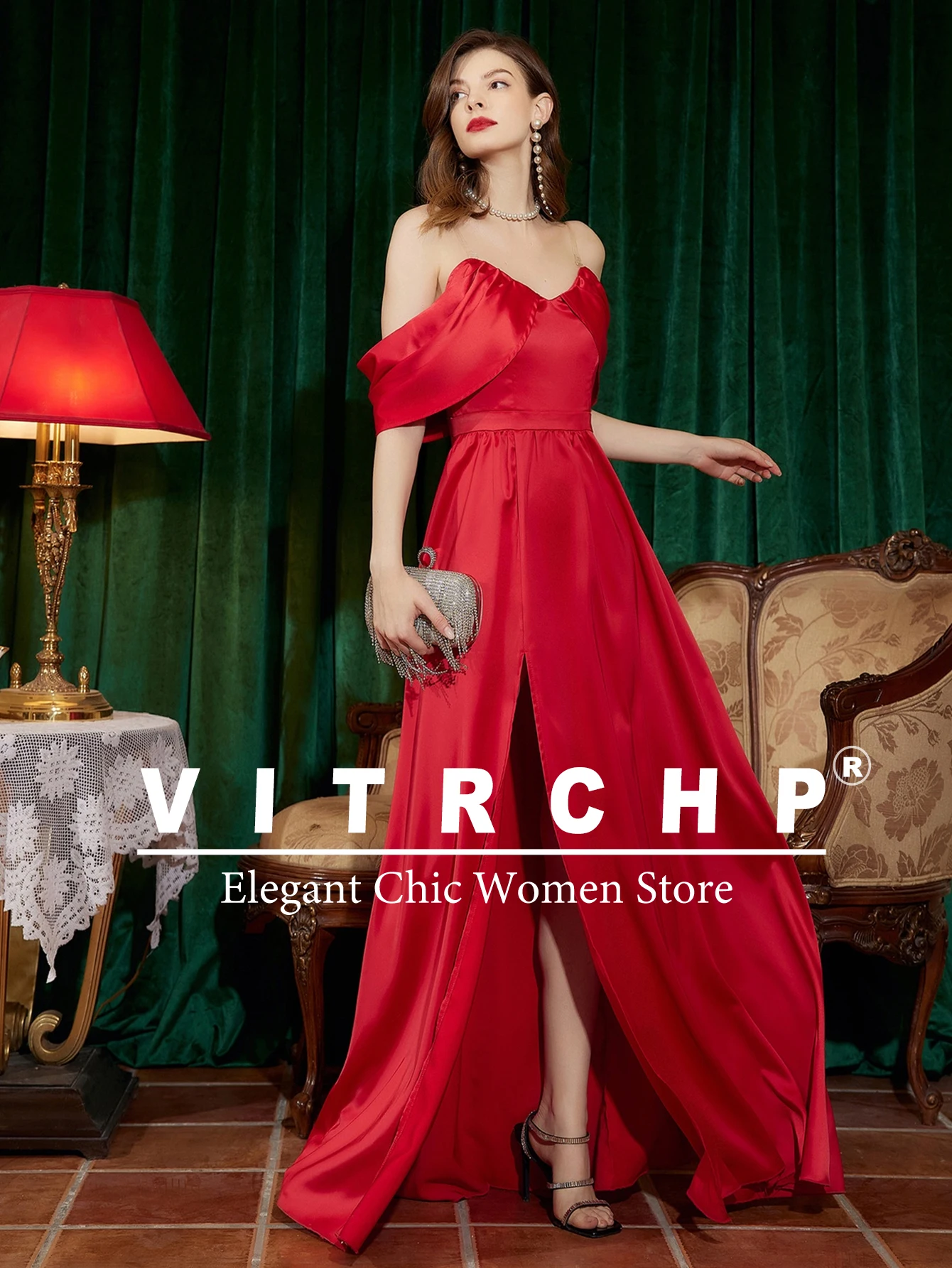 Satin Prom Dresses Women Off The Shoulder Evening Party Gown Side Slit Long Dress Evening dresses
