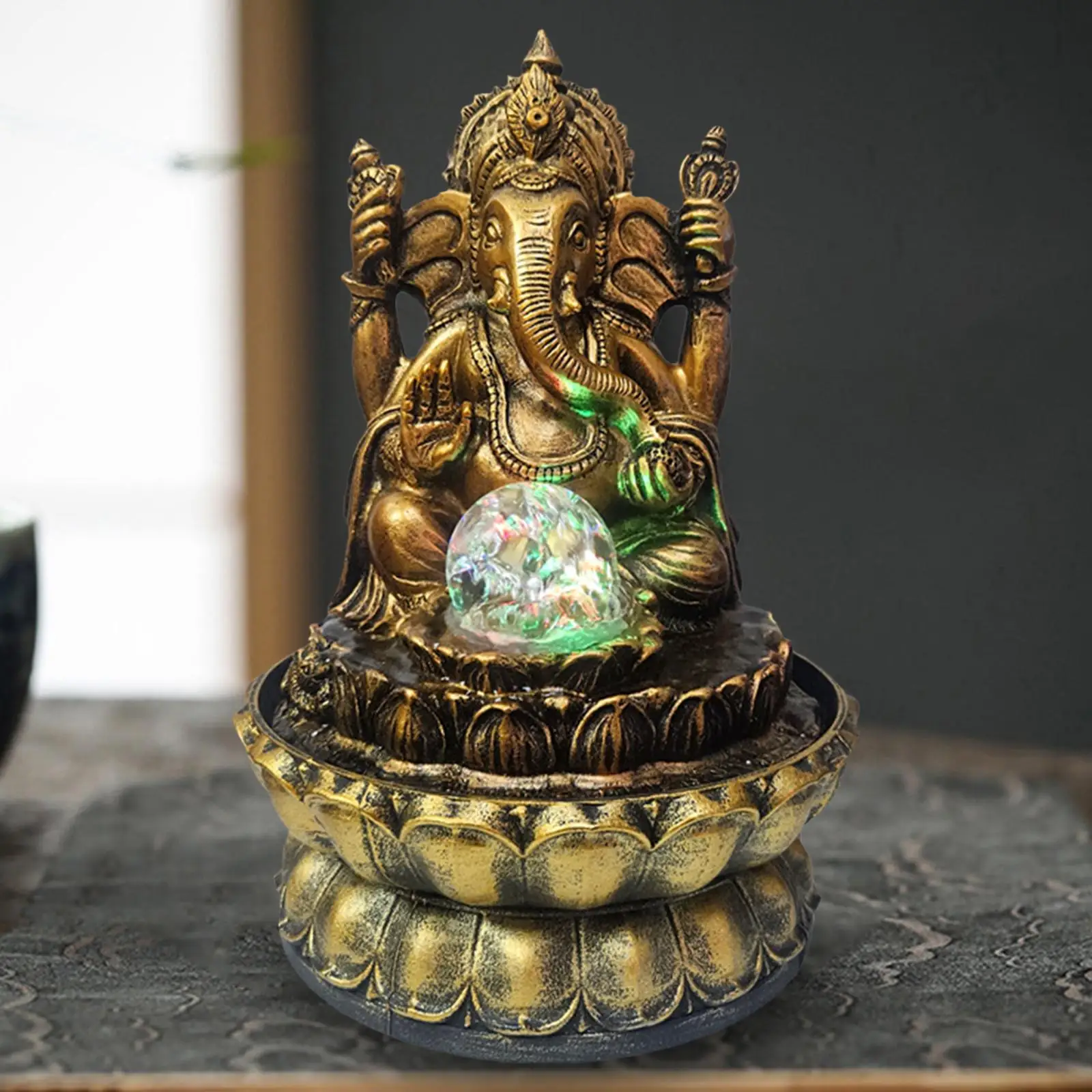 

Elephant Buddha Statue Resin Tabletop Fountain 110V Adapter with Rolling Ball Handmade Multifunctional Table Ornament 21x30cm