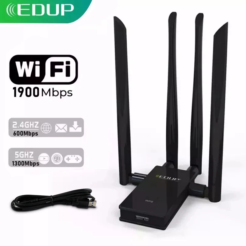 

Wi-Fi-адаптер EDUP, 1900 Мбит/с, 2,4 ГГц/5 ГГц, 4 антенны 6 дБи