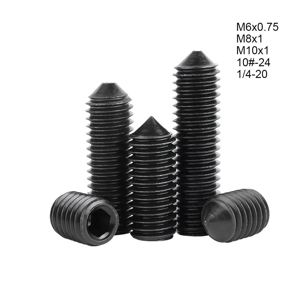 10pcs Fine Thread M6 M8 M10 10#-24 1/4-20 Black 12.9 Grade Steel Hexagon Socket Tapered Grub Headless Bolt Cone Point Set Screw