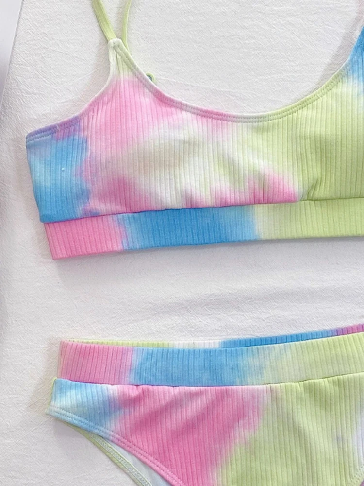 FASKOB Tie Dye Rainbow Print Swimwear Push Up Two Piece Swimsuit Women Summer Beach Bathing Suit