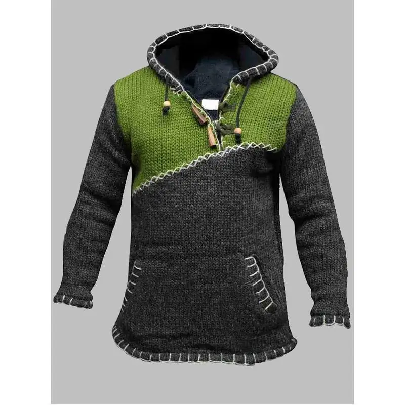 

Knitting Men's Sweater Hooded Long Sleeve Pocket Color Matching Large Size Wool Male Personality Casual Pullover