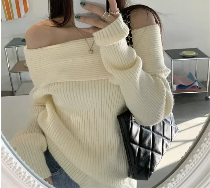 Slash Neck Knitted Sweater Women Sexy Off Shoulder Long Sleeve Pullovers Female Korean Elegant Thicken Slim  Top 6