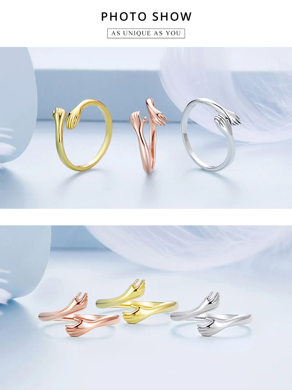 BISAER 925 Sterling Sliver Hand Hug Open Ring Heart Forever 3 Colors Rings Plated Platinum For Women Party Wedding Fine Jewelry