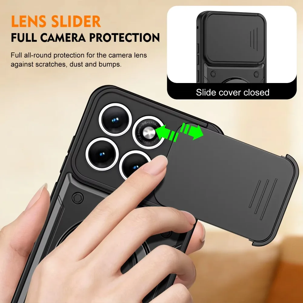 Enhanced Magnetic Ring Holder Armor Case with Slide Camera Lens Protection Cover