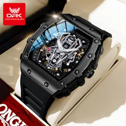 Men's Silicone Strap Fashion Casual Tonneau Watch with Hollow Dial Design - Waterproof & Luminous Mechanical Wristwatch (All Black White)