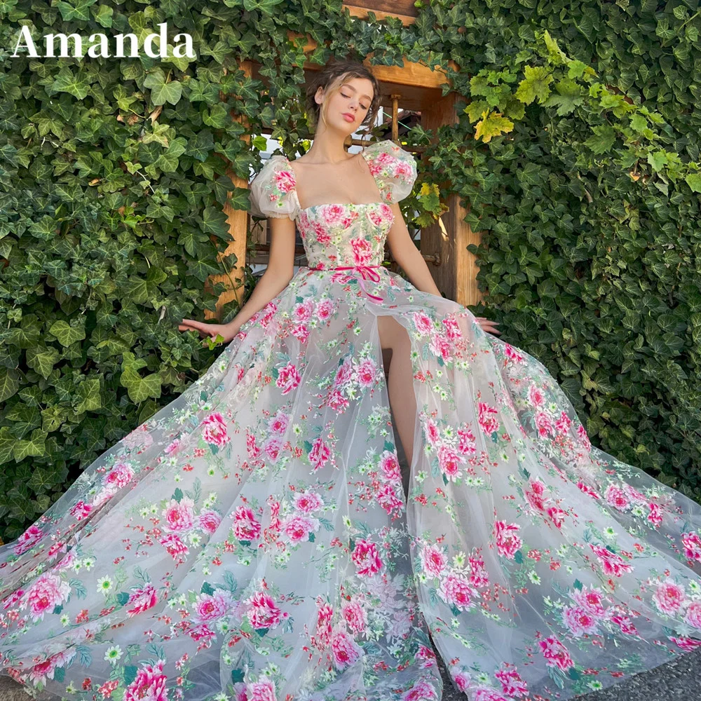

Amanda Sweet Pink Flower Evening Dress Luxury Lace Embroid Prom Dress 2023 Floor Lenght Party Dress Princess A-line Prom Gown
