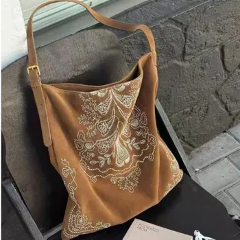 Borsa tote con stampa bohémien retrò Borsa da donna in pelle scamosciata marrone di grande capacità Borsa da donna per pendolarismo quotidiano Borse a tracolla versatili in stile etnico
