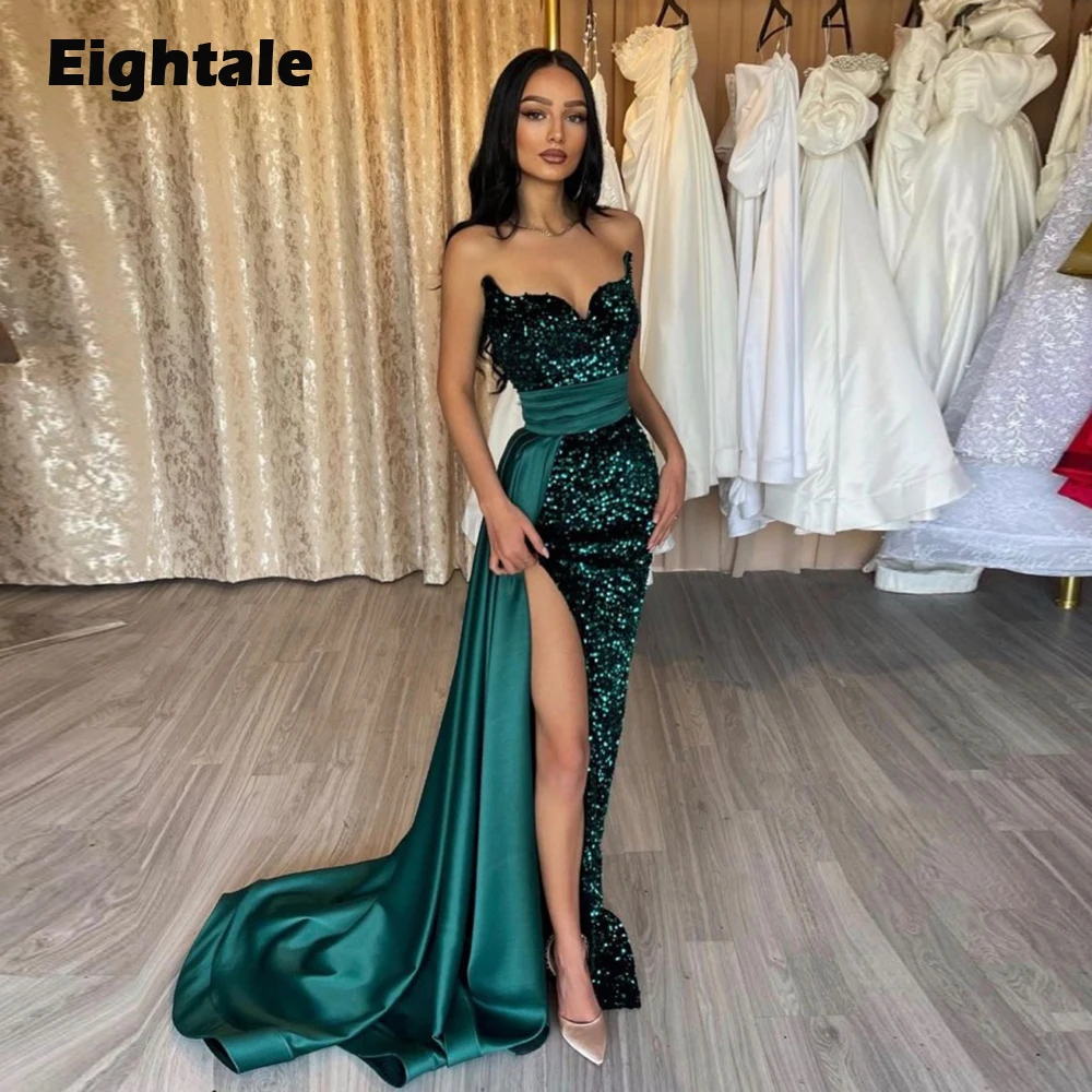 

Eightale Emerald Green Evening Dress for Wedding Party Sexy Sequines Side Split Mermaid Prom Gown Peals Sequined vestido festa
