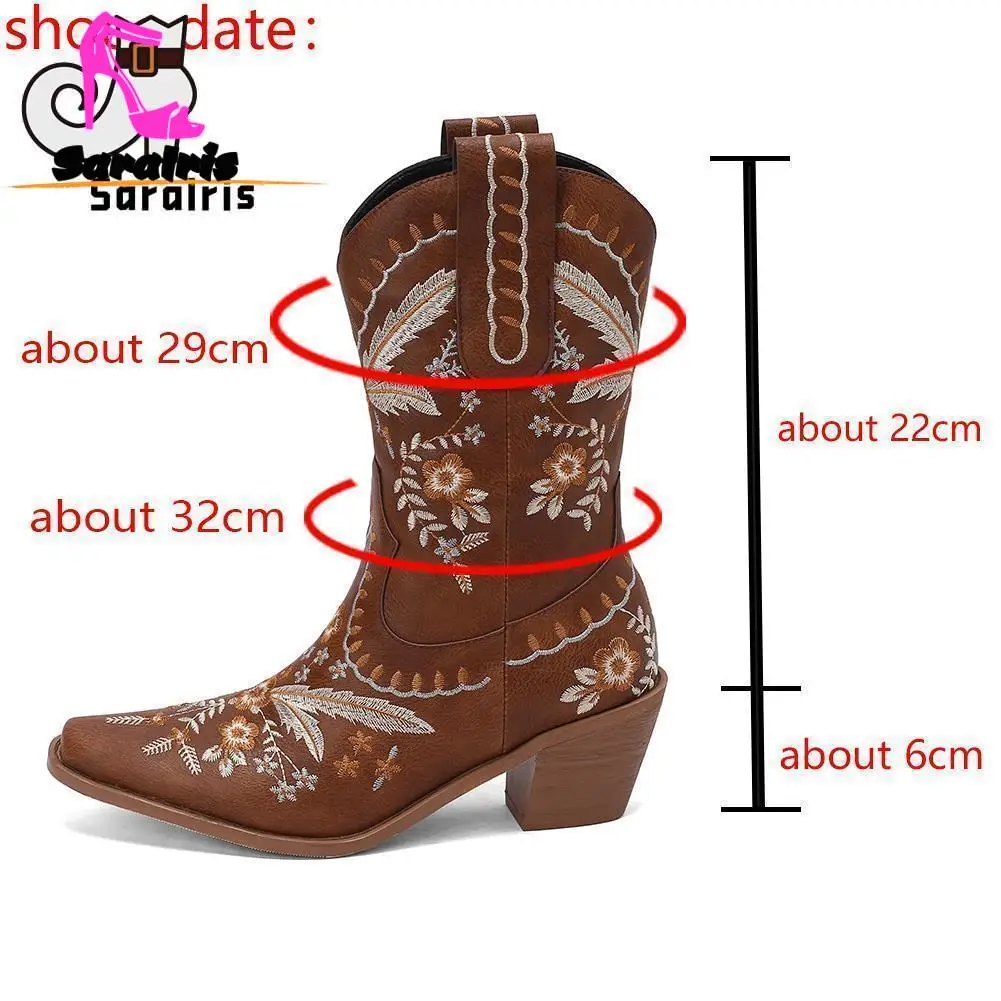 Women's Cowboy Boots Ankle Booties - Western Embroidered Stitching, Pointed Toe, Chunky Heel, Faux Leather