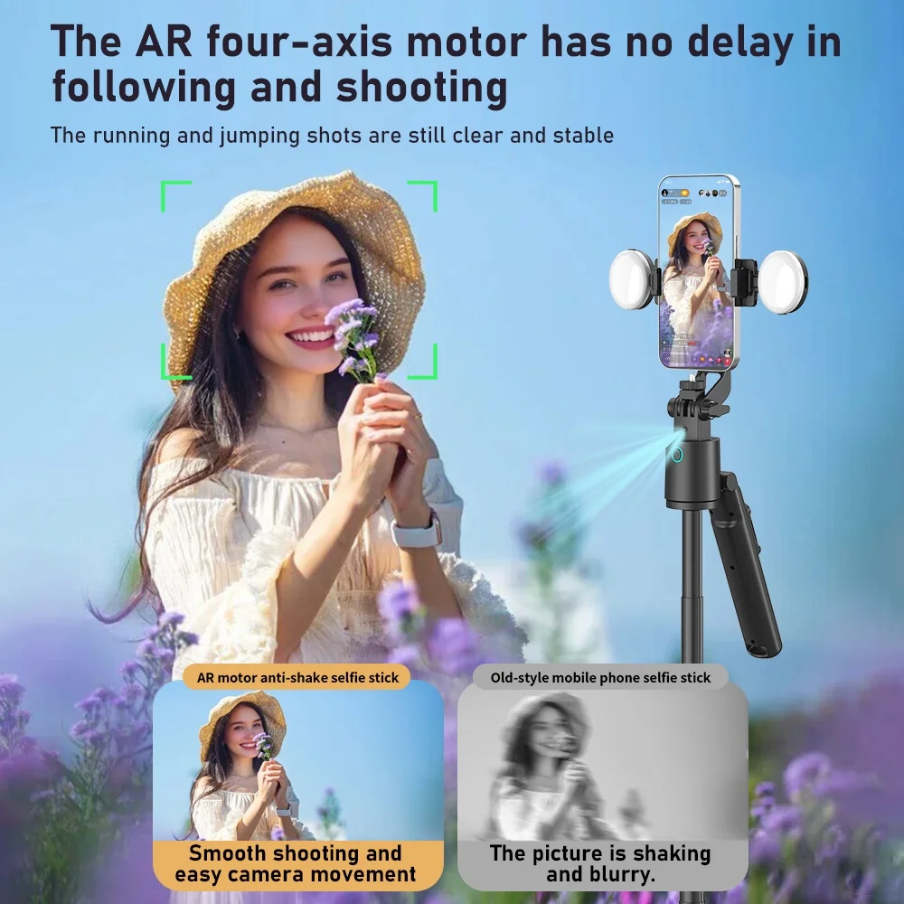 1.8M AI 스마트 셀카봉 삼각대, 자동 얼굴 추적, 제스처 컨트롤, 블루투스 리모컨, 조명, 휴대용 폰 스태빌라이저