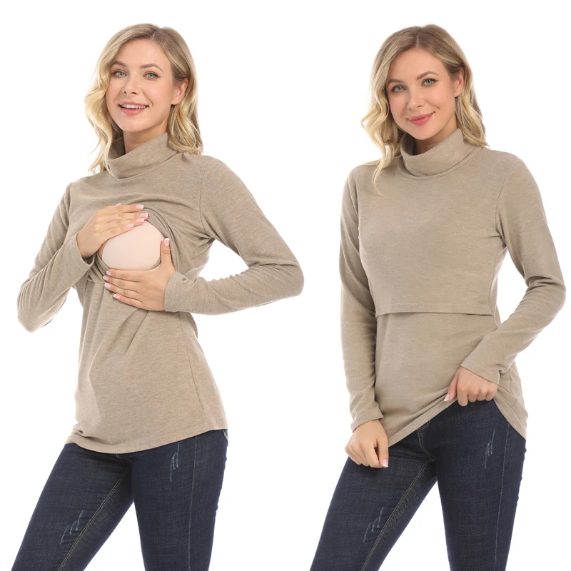 Autumn Winter Maternity Clothes Turtleneck Warm Long Sleeve Cotton T-shirt Nursing Tops Breastfeeding Clothes For Pregnant Women