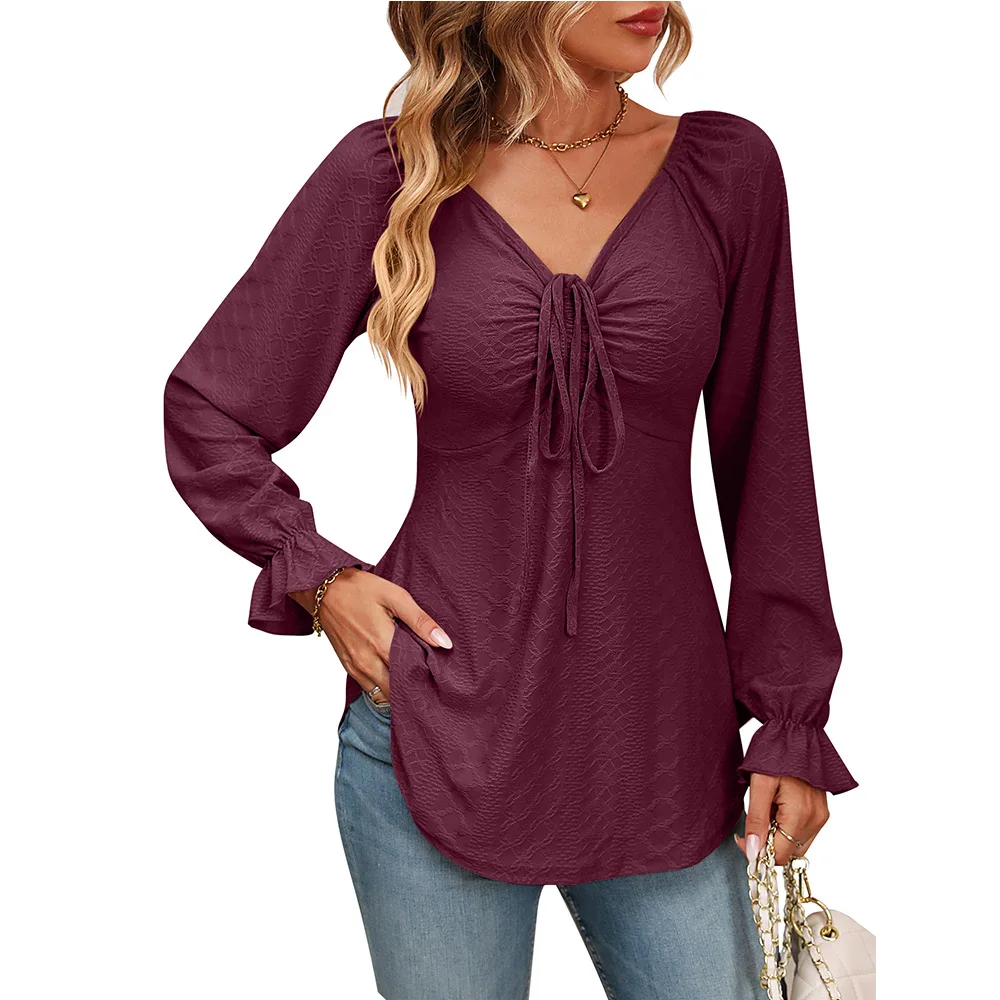 

European Style Ladies Sexy Bandage V-neck Long Sleeve T-shirts 2023 Autumn Winter Fashion Slim Women Tops Solid Female Tees