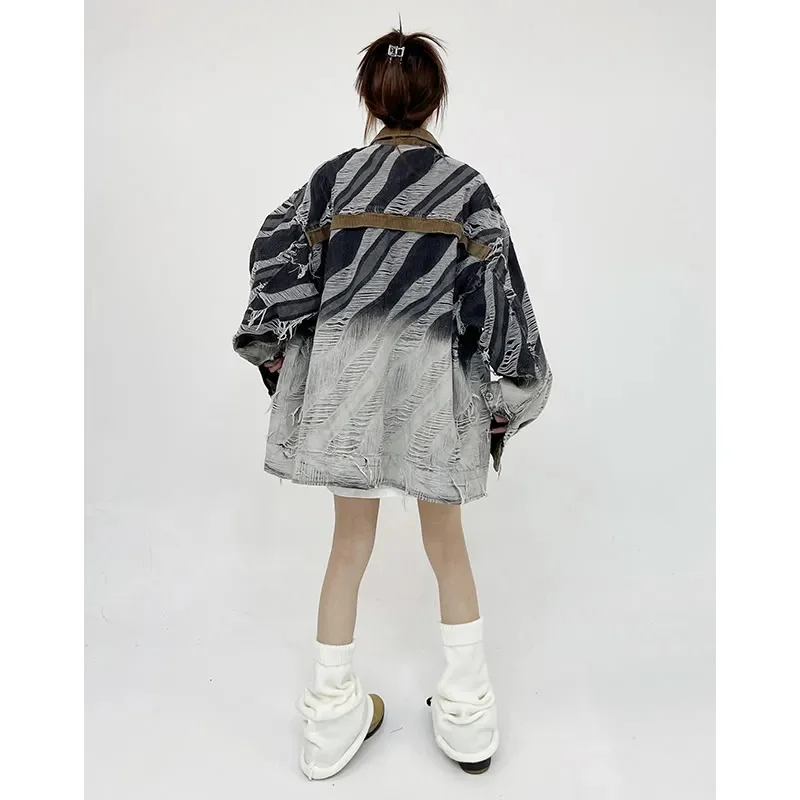 2024 Spring and Autumn New Zebra Pattern Coat Women's Trendy Brand Broken Hole Retro Spliced Corduroy Flip Neck Jacket Commuter