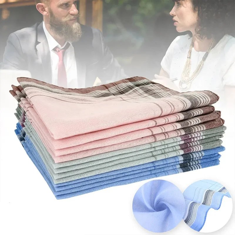 

12pcs Cotton Handkerchiefs Soft Stripe Checkered Pattern Pocket Square Hankies Gentleman For Men Cotton Wedding Suit Handkerchie