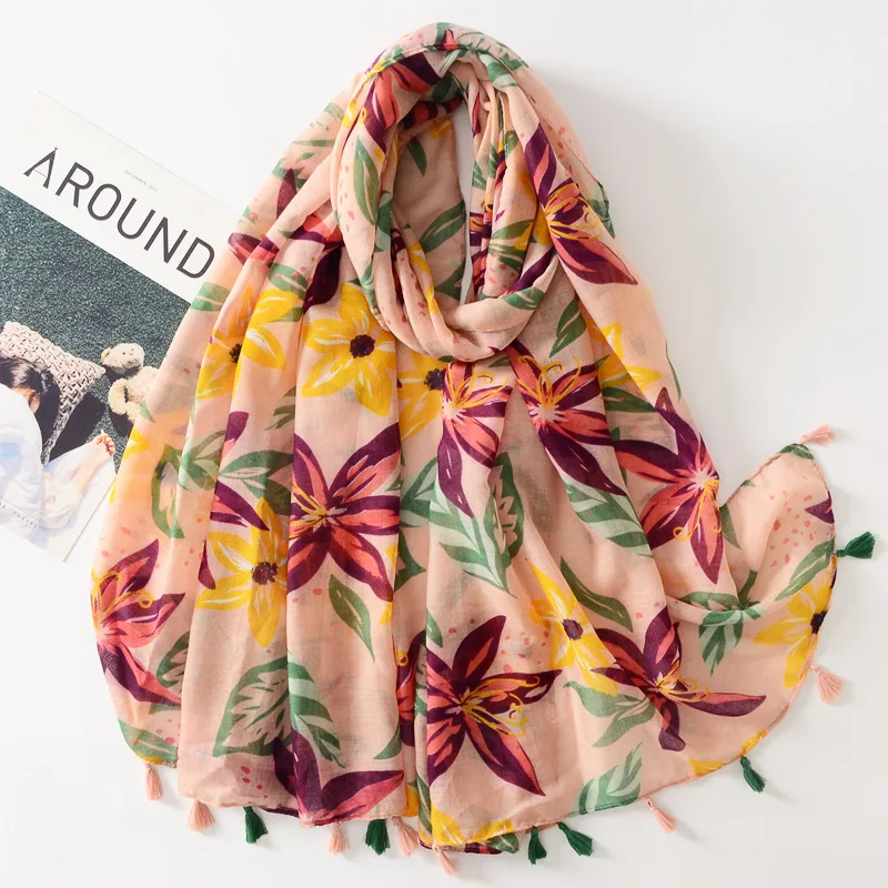 

2023 Spring Women Ombre Flower Pattern Tassel Shawls Scarf Long Flower Print Foulard Soft Wrap Hijab Free Shipping