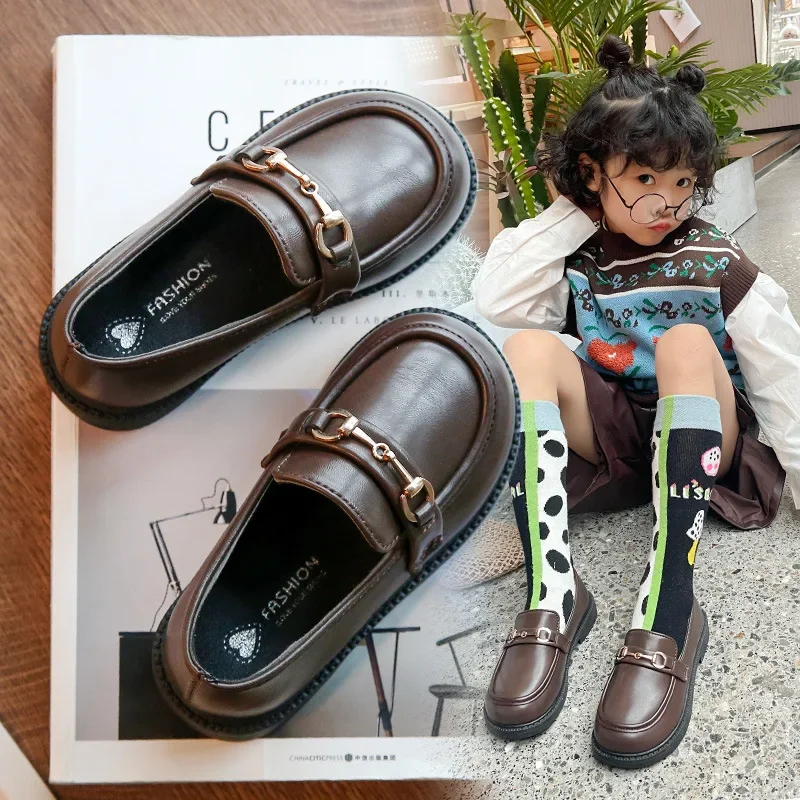 2024 Spring New Girls British Boys Leather Shoes Children Soft Mary Janes Metal Kids Fashion Casual Solid Black Slip-on Loafers 3