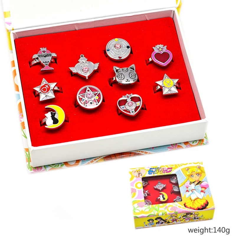 Anime Sailor Moon Rings Set Sailor Mercury Jupiter Venus Uranus Neptune Pluto Metal Ring Pendenti Giocattoli Regali