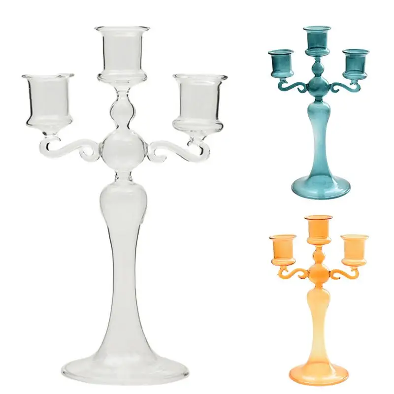 

3 Head Candle Holder Creative French Clear Glass Candles Holder With 3 Branches Colorful Candles Holder Home Furnishings