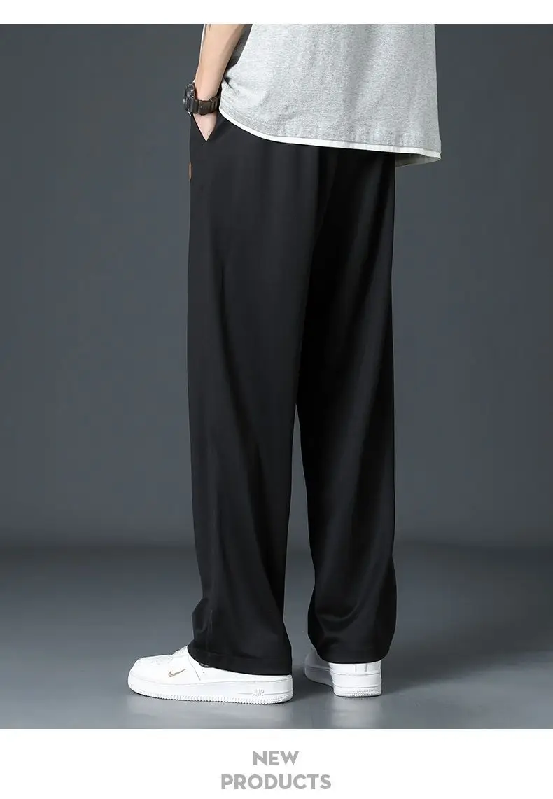 Men's Wide Leg Pants Summer Thin Ice Silk Patch Classic Boy Casual Loose Straight Cylinder Waist Drawstring Motion