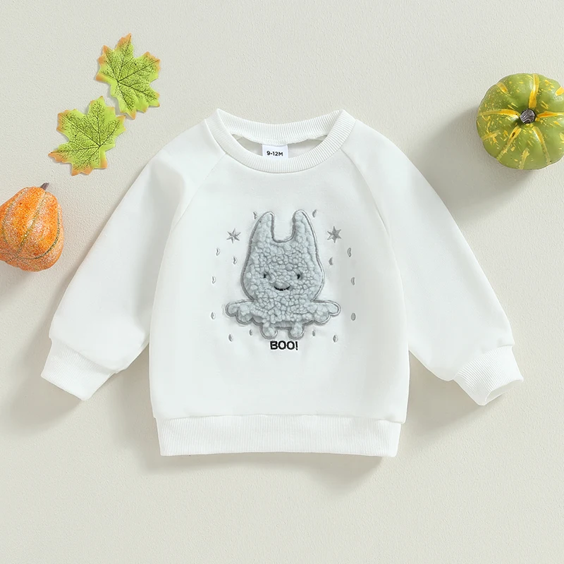 

2023-06-30 Lioraitiin 0-24M Newborn Baby Girl Fall Halloween Clothes Long Sleeve Crew Neck Embroidered Patch Boo Sweatshirt