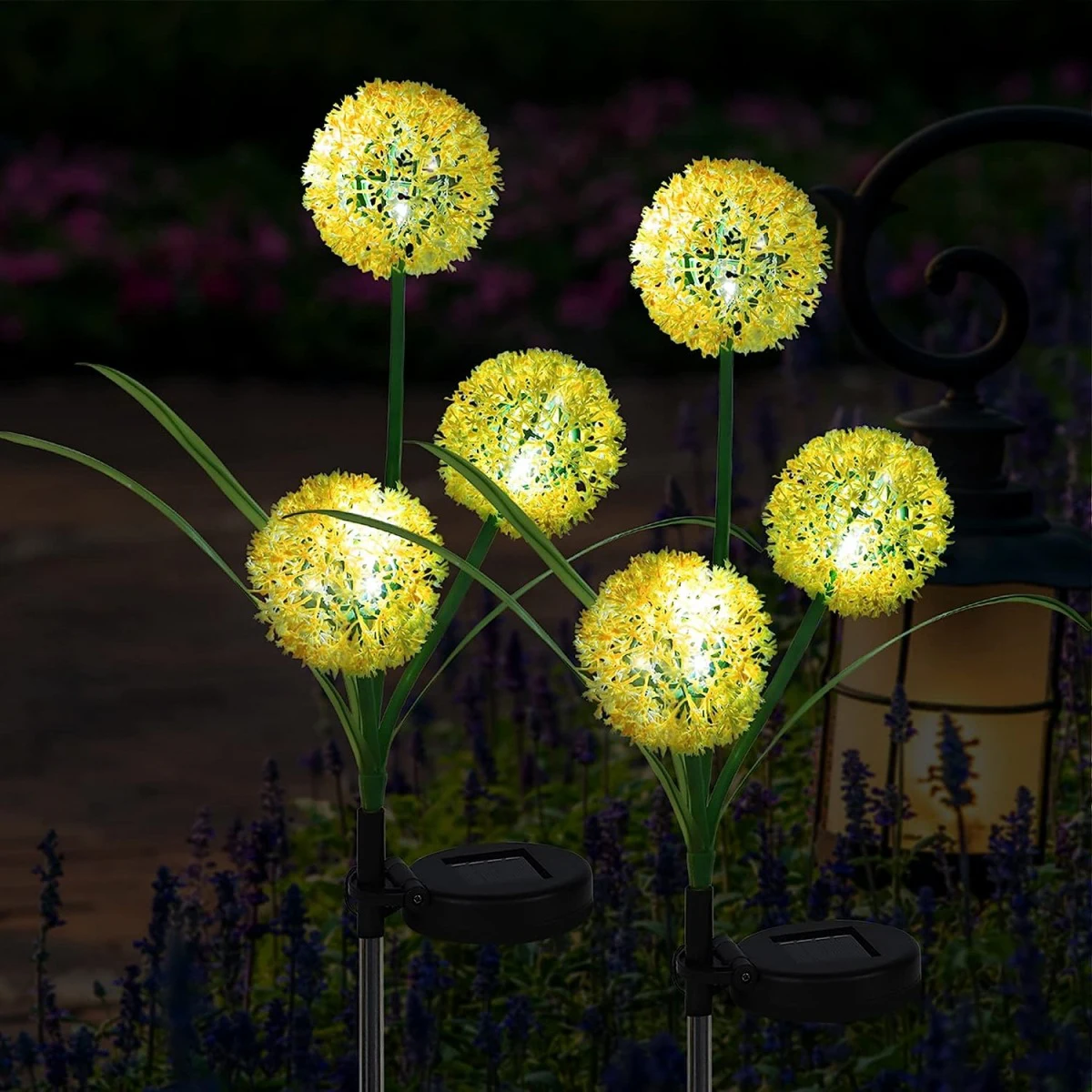 deux-lampe-solaire-extérieur-pissenlit-lumineux-jaunes