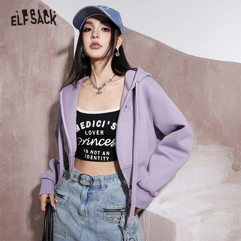 ELFSACK casual style cropped hooded loose cardigan for women 2024 spring new drawstring long sleeve energetic hooded top energetic double side textured pei smooth pet carbon fiber peo spring steel build plate 220x280mm for tevo tarantula 3d printer