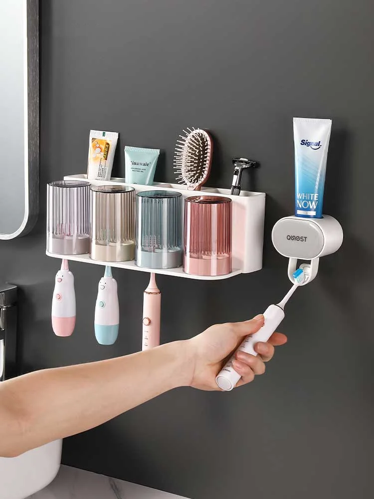 

Wall-mounted Toilet Toothbrush Rack Without Punching Toothbrush Cup Tooth Cylinder Storage and Squeeze Toothpaste Set Ecoco Home