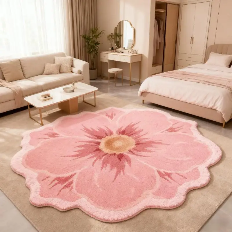 VIKAMA Rosa Kamelien-Plüschteppich Weicher Sofa-Teppich Wohnzimmer Bettvorleger Dekorativer Teppich Flauschiger Teppich zur Raumgestaltung – Detail 1