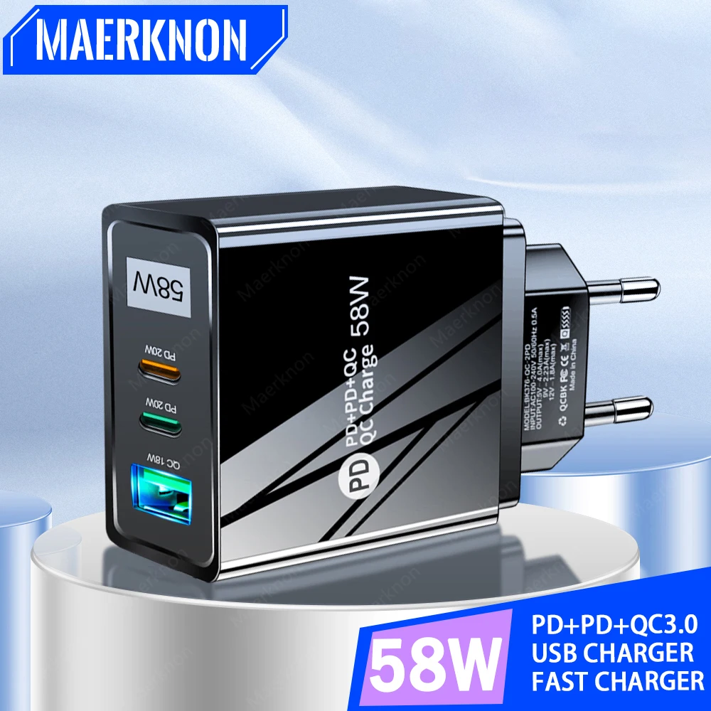 

58W USB Fast Charger PD Type C Quick Charge Adapter EU/US/UK/AU Plug Phone Charger For IPhone Xiaomi Samsung 3 Ports USB Charger