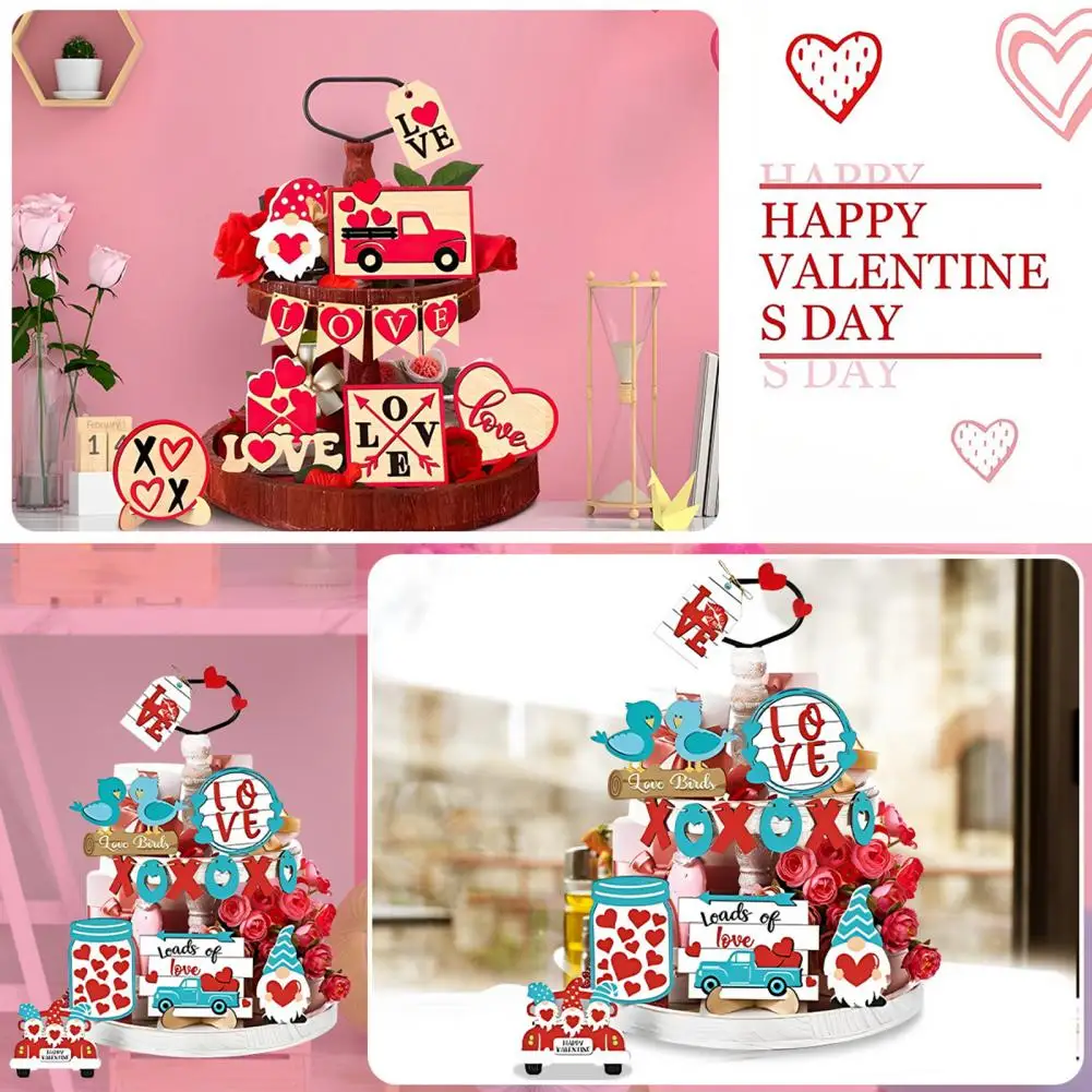 

Sturdy Wood Layered Tray Decor Valentine's Day Tiered Tray Decoration Kit Rustic Red Heart Love Letter Gnome Sign for Valentine