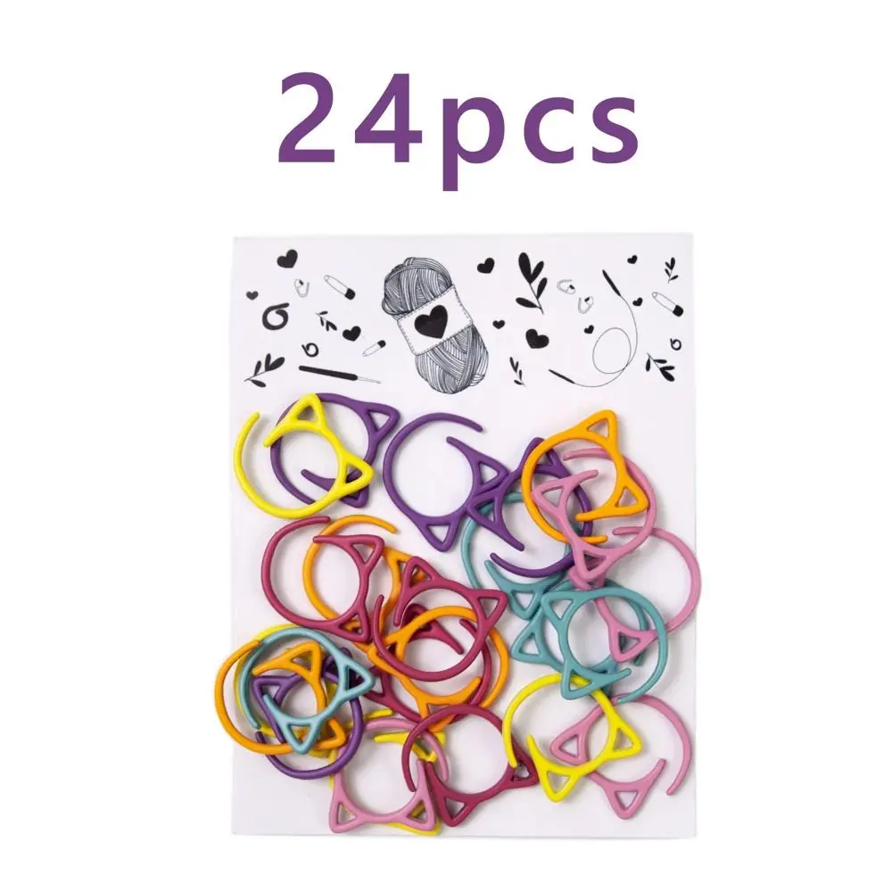 24Pcs Colorful Cat Ears Crochet Stitch Markers Metal Knitting Locking DIY Weaving Tools