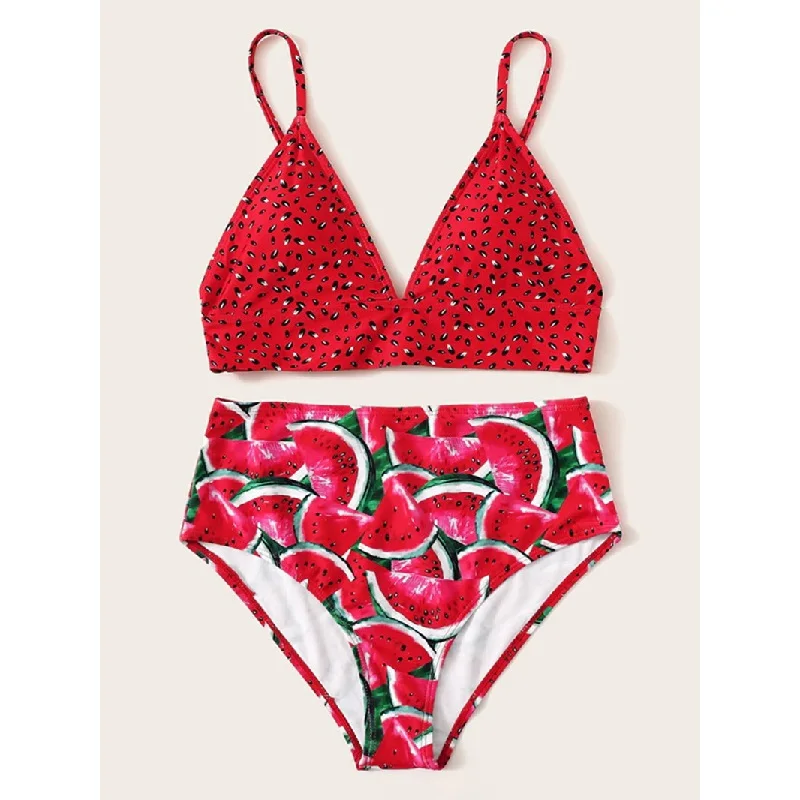 2021 섹시한 하이 웨이스트 프린트 비키니 수영복, 여성 홀터 푸시 업 비키니 수영복 여성 비키니 수박 파인애플 비치웨어 