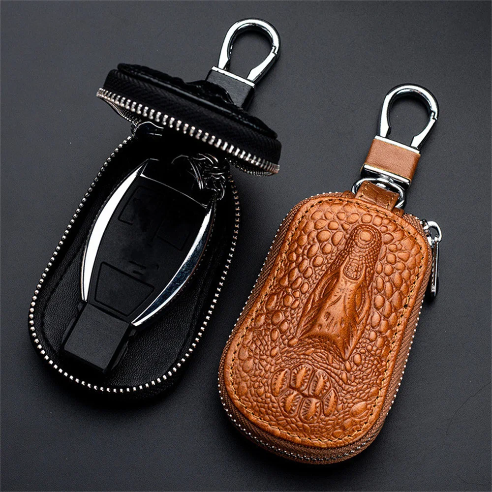 

Genuine Leather Key Case Men Women Multifunctional Car Keychain Case Crocodile Pattern Car Key Bag Top Layer Cowhide Key Pouch