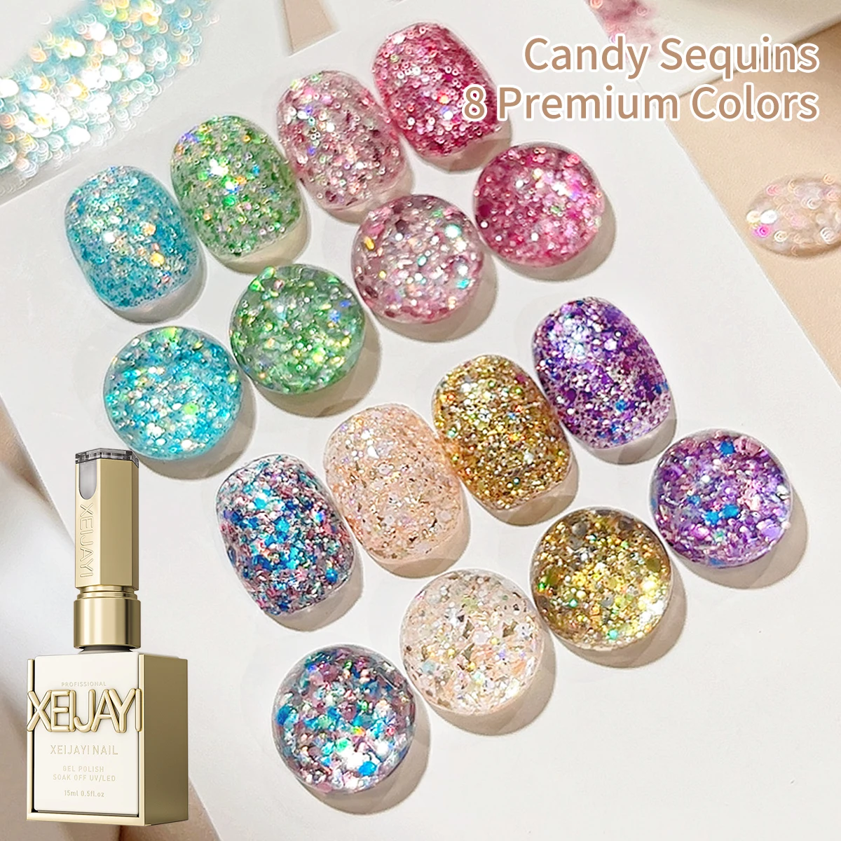 XEIJAYI 1개 15ML 스윗 캔디 글리터 네일 젤 세미 퍼머넌트 네일 아트 UV LED 네일 살롱 DIY 네일 살롱 젤