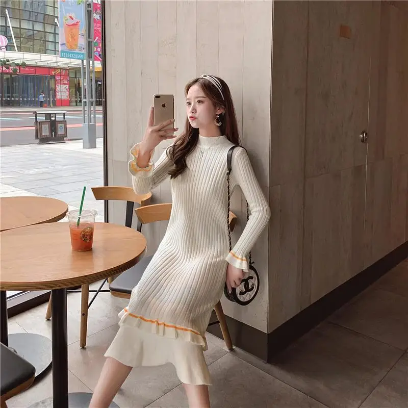 

Lazy Wind Pullover Sweater Over The Knee Korean Version Thickened Autumn and Winter New Bottoming Knitted Dress