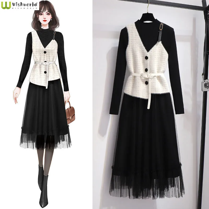 Medium Length Gauze Dress Women's Suit Korean Version Autumn and Winter New Style Mink Velvet Needle Vest Two-piece Set